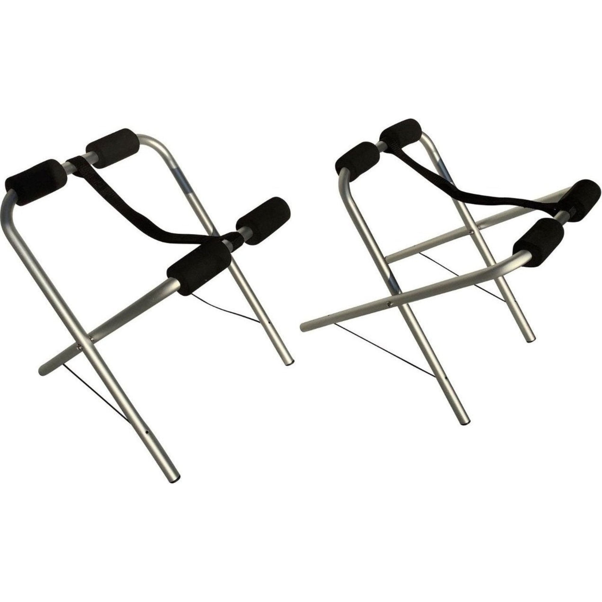 Pair of Cambridge Kayaks folding stands made from silver metal tubing with padded supports and black securing straps.