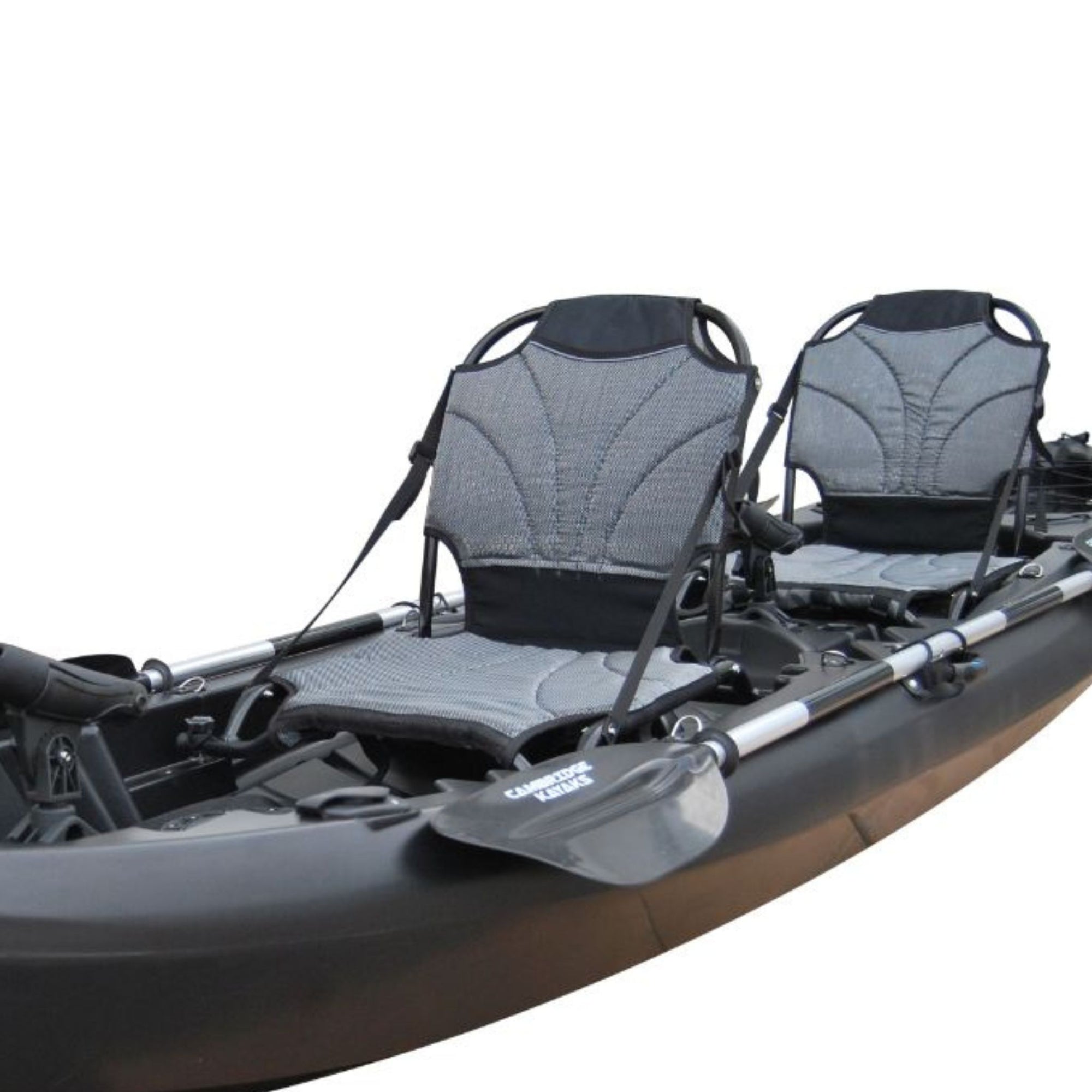 Cambridge Kayaks elevated frame seat installed on a black kayak, demonstrating its raised sitting position and reinforced metal frame for stability.