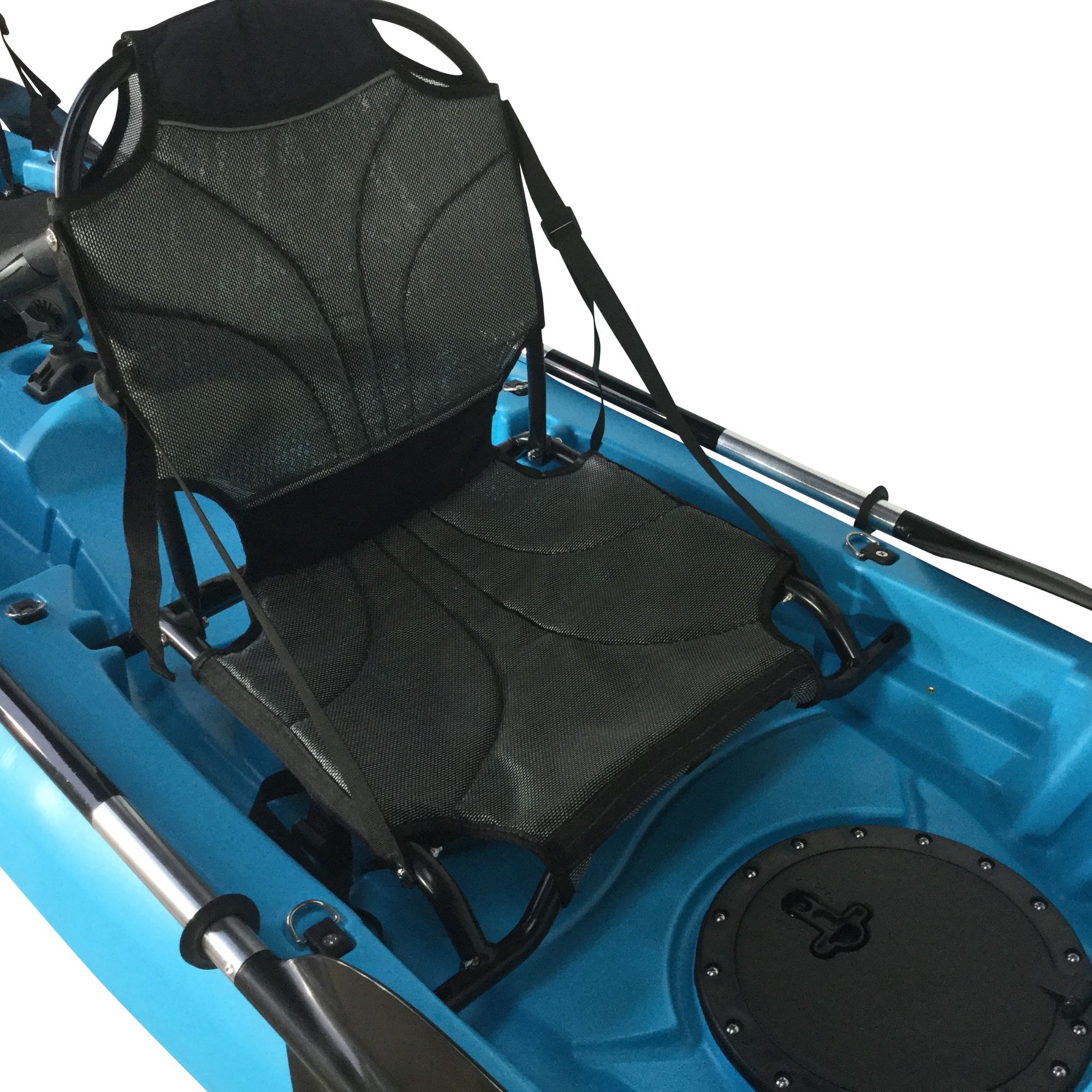 Side view of the Cambridge Kayaks adjustable frame seat mounted on a blue fishing kayak, highlighting its breathable mesh design and firm support structure.