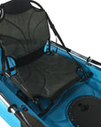 Side view of the Cambridge Kayaks adjustable frame seat mounted on a blue fishing kayak, highlighting its breathable mesh design and firm support structure.