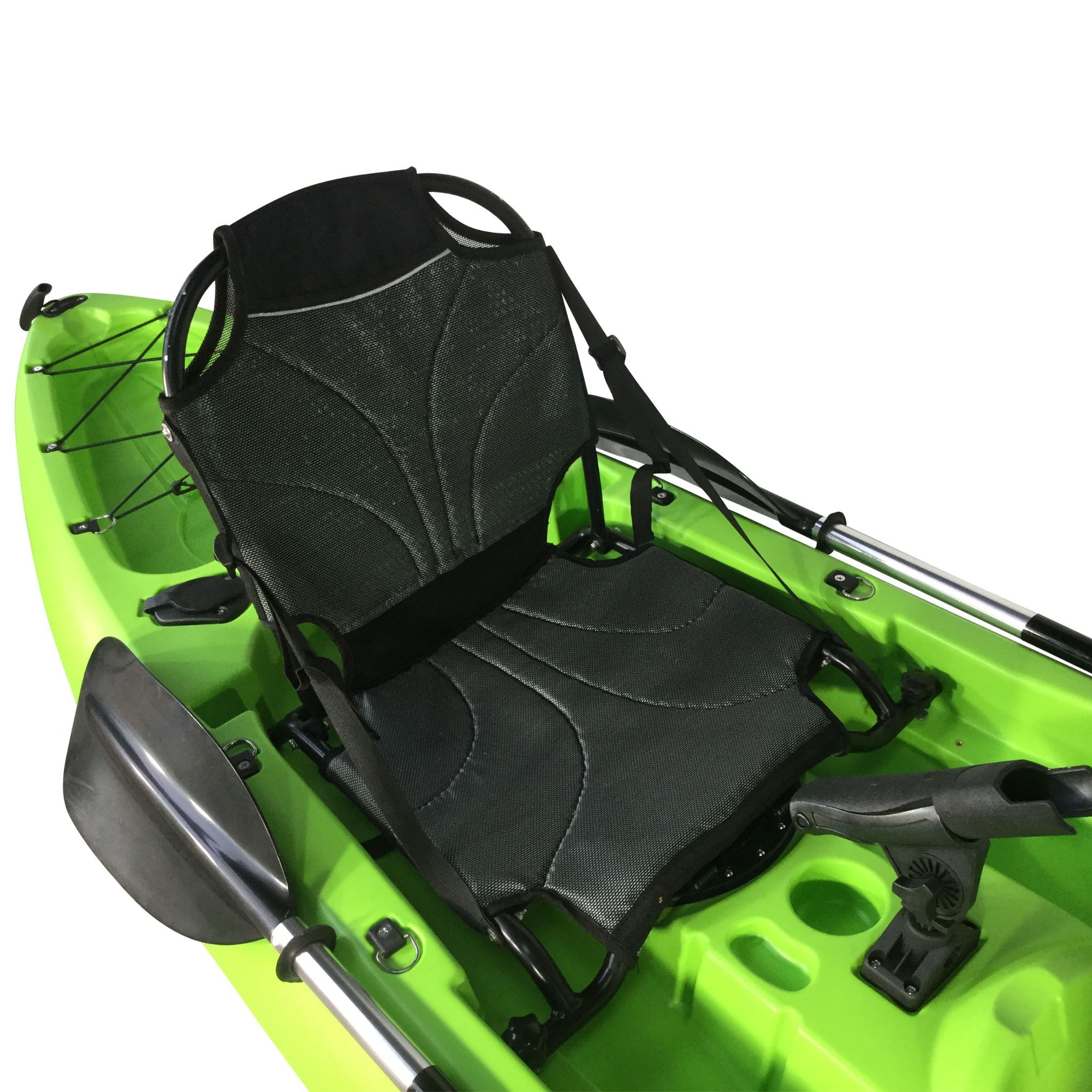 Cambridge Kayaks adjustable frame seat fitted to a green kayak, displaying high back support and solid base frame for ergonomic seating.