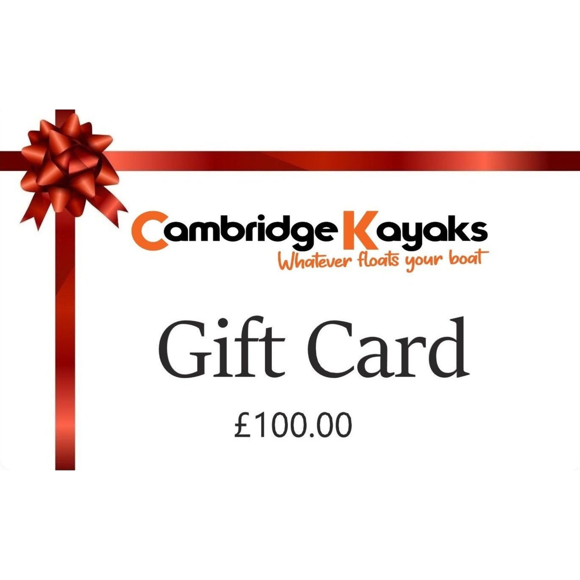 Cambridge Kayaks £100 gift card, presented with signature red ribbon design for premium kayak gear gifting.