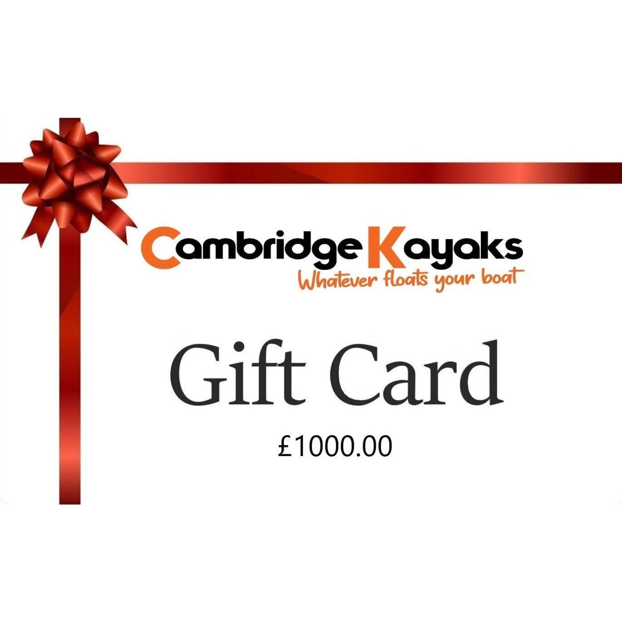 Cambridge Kayaks £1000 gift card for the ultimate kayak and accessory gift, with signature red ribbon and bow design.