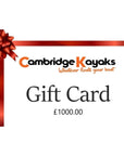 Cambridge Kayaks £1000 gift card for the ultimate kayak and accessory gift, with signature red ribbon and bow design.