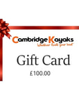 Cambridge Kayaks £100 gift card, presented with signature red ribbon design for premium kayak gear gifting.