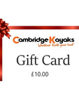 Cambridge Kayaks £10 gift card featuring red ribbon design and company logo with the slogan “Whatever floats your boat.”