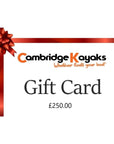 Cambridge Kayaks £250 gift card featuring elegant red bow and ribbon border on white background.