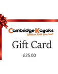 Cambridge Kayaks £25 gift card with red bow and ribbon graphic on a white background, ideal for gifting kayaking gear.