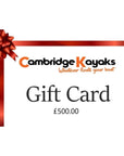 Cambridge Kayaks £500 gift card showcasing signature branding and festive red ribbon design.