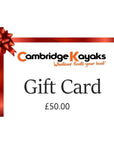 Cambridge Kayaks £50 gift card with red ribbon and bow design, perfect for kayak accessories or equipment.