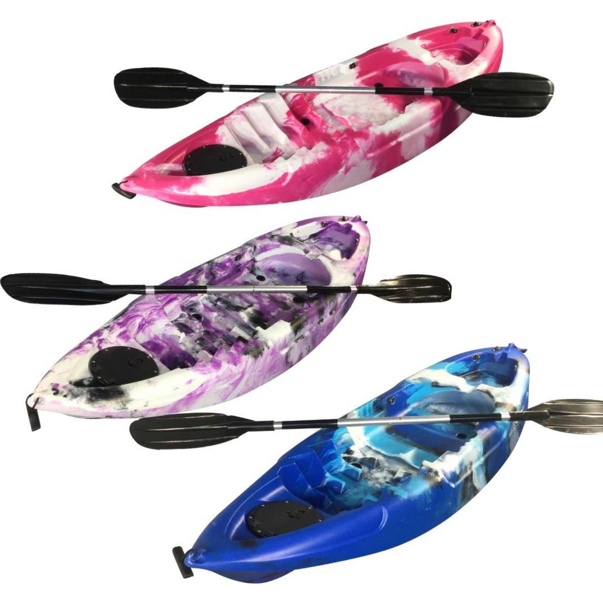 Cambridge Kayaks Guppy sit-on-top kayaks for kids shown in multiple colours including pink, blue, and purple, each with paddle — compact, stable, and ideal for young paddlers on lakes, rivers, and calm seas.