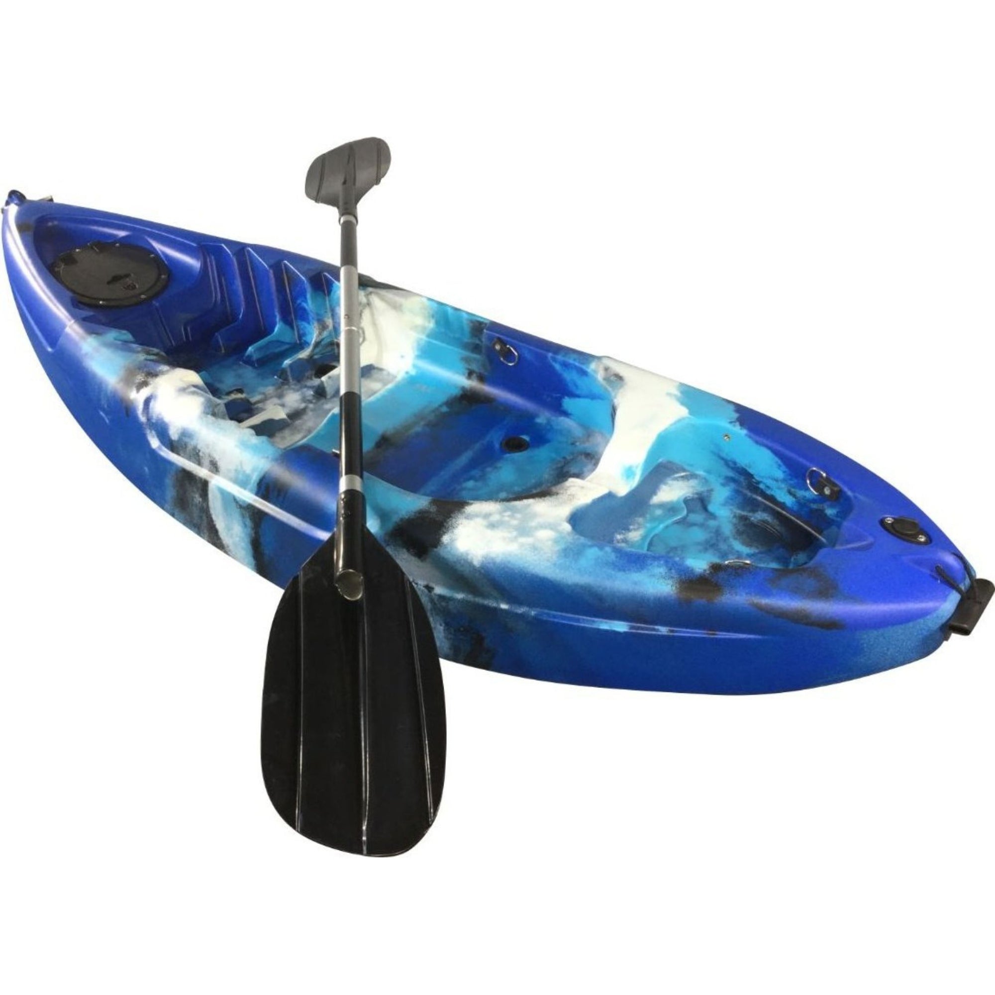 Cambridge Kayaks Guppy blue and white junior kayak side view with paddle — compact, stable and colourful design for children learning to kayak.