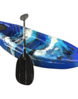 Cambridge Kayaks Guppy blue and white junior kayak side view with paddle — compact, stable and colourful design for children learning to kayak.
