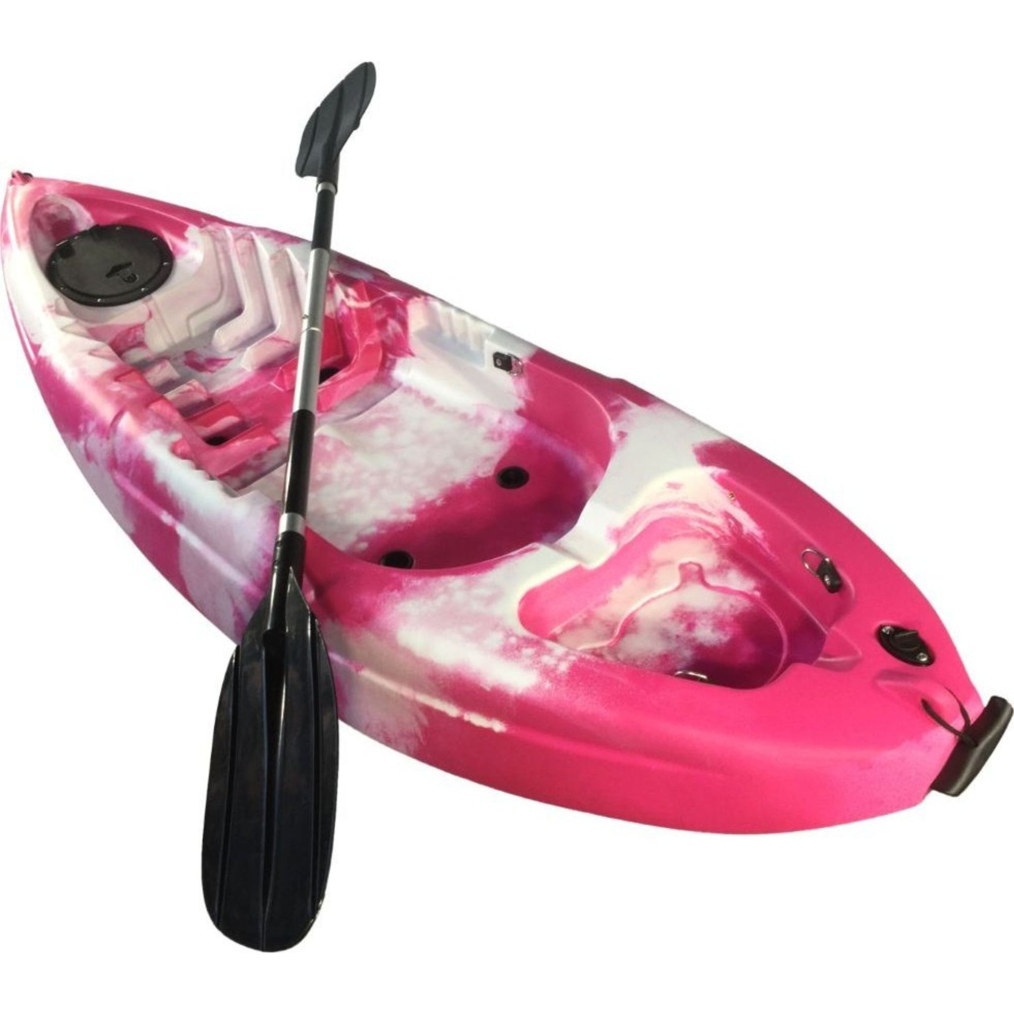 Cambridge Kayaks Guppy children’s kayak in pink and white swirl pattern, upright angled view with paddle — lightweight and durable for easy use by kids.