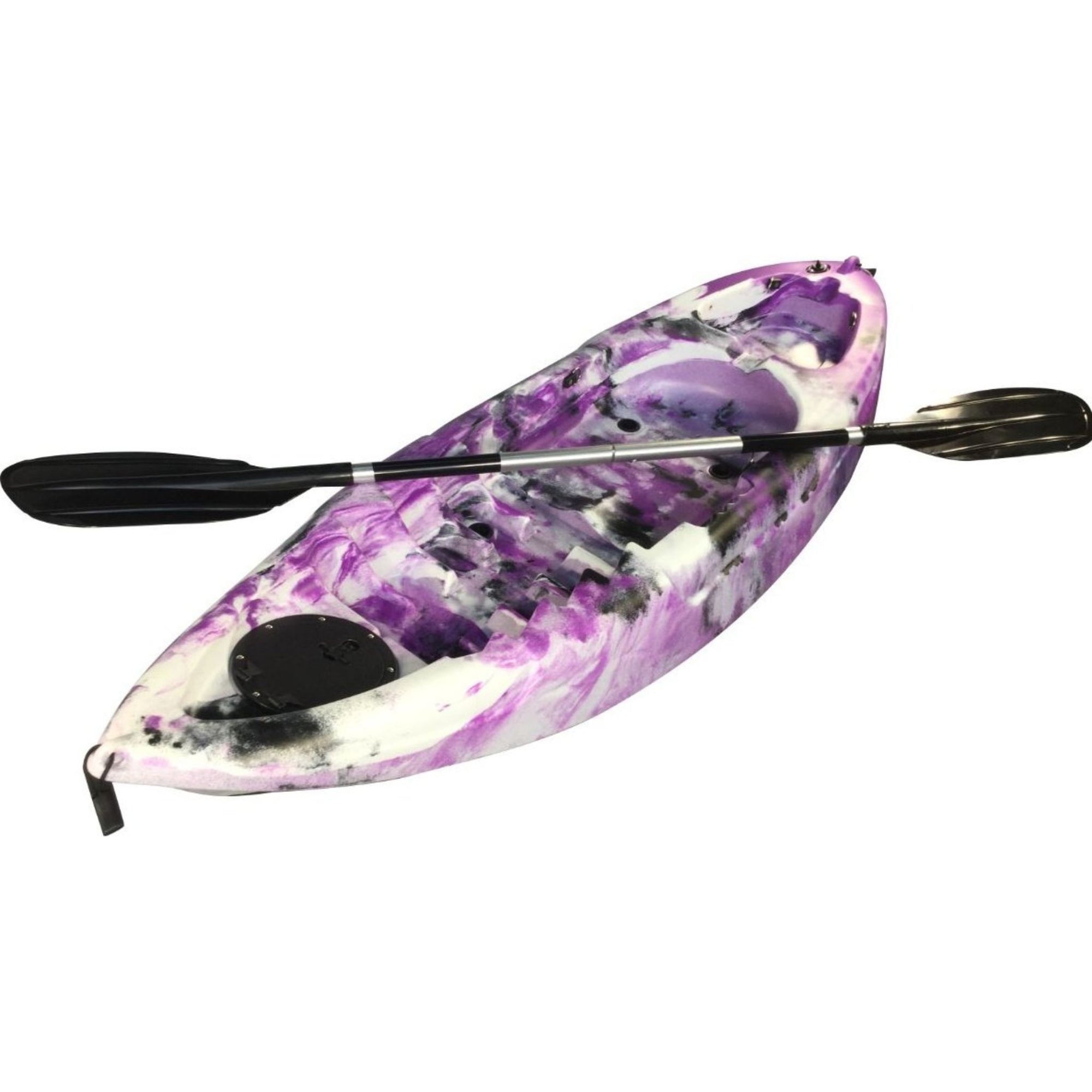 Cambridge Kayaks Guppy purple and white kayak side view — lightweight, durable sit-on-top kayak perfect for family kayaking and young beginners.