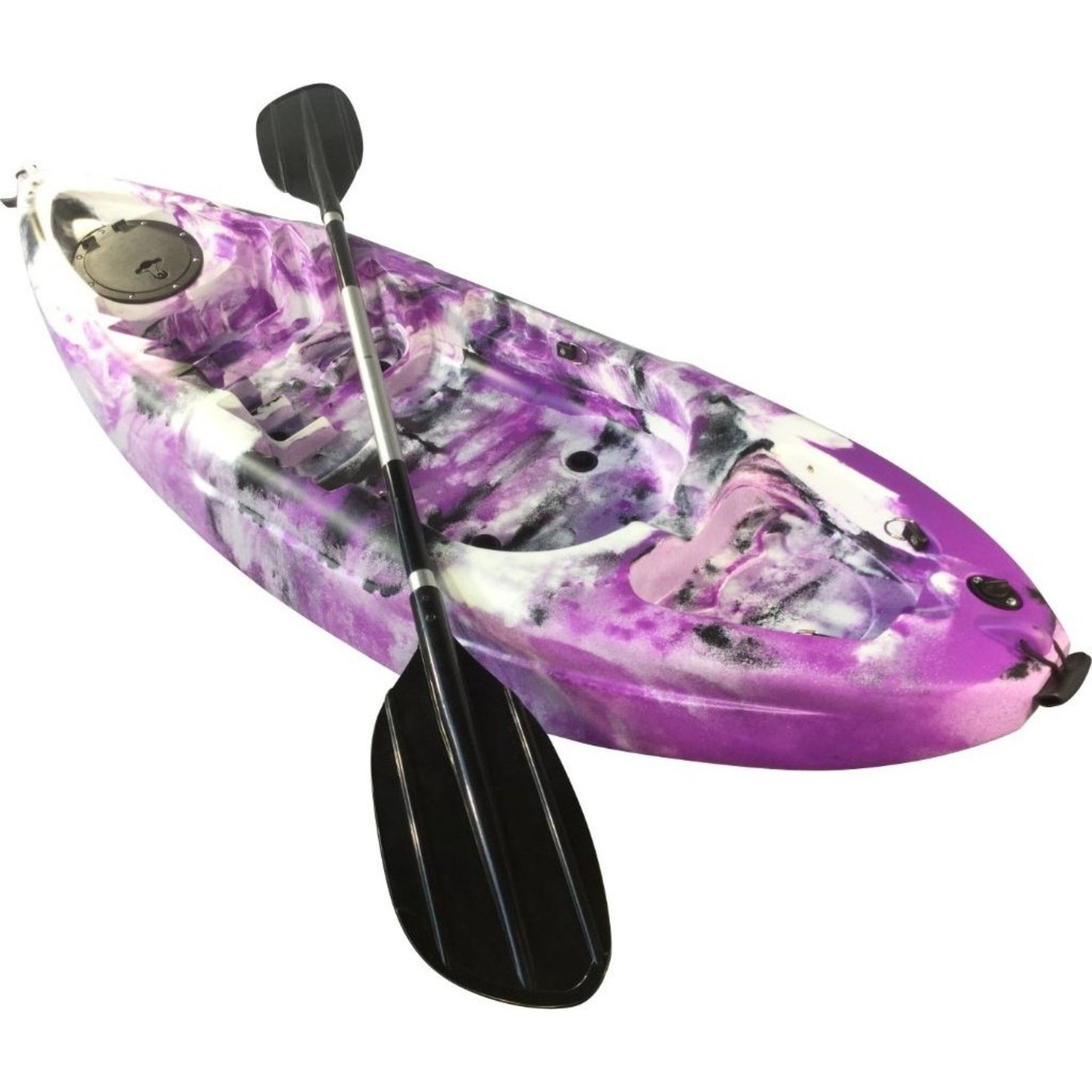 Side view of Cambridge Kayaks Guppy purple and white single kids’ kayak — safe, sturdy and ideal for small paddlers on calm waters.