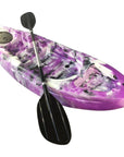 Side view of Cambridge Kayaks Guppy purple and white single kids’ kayak — safe, sturdy and ideal for small paddlers on calm waters.