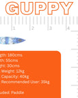 Cambridge Kayaks Guppy kayak size chart showing length, width, height, hull weight, and recommended user weight — ideal reference for parents choosing the right kayak for children.
