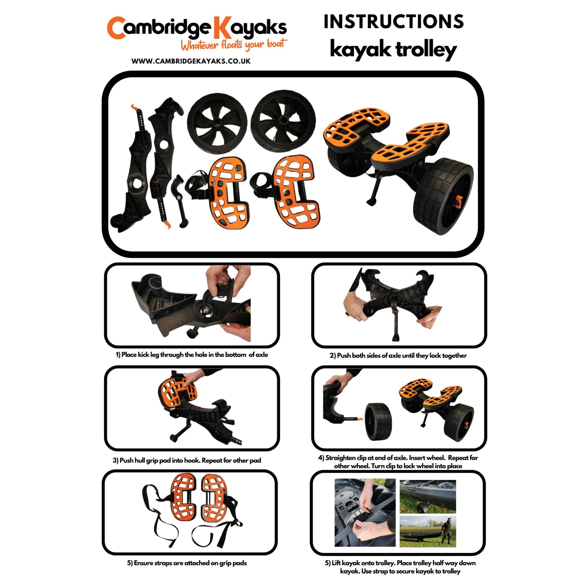 Usage and assembly diagram of the Cambridge Kayaks Heavy Duty Kayak Trolley illustrating how the trolley attaches under a kayak hatch, folds away for storage, and is assembled without tools in minutes.
