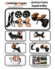 Usage and assembly diagram of the Cambridge Kayaks Heavy Duty Kayak Trolley illustrating how the trolley attaches under a kayak hatch, folds away for storage, and is assembled without tools in minutes.