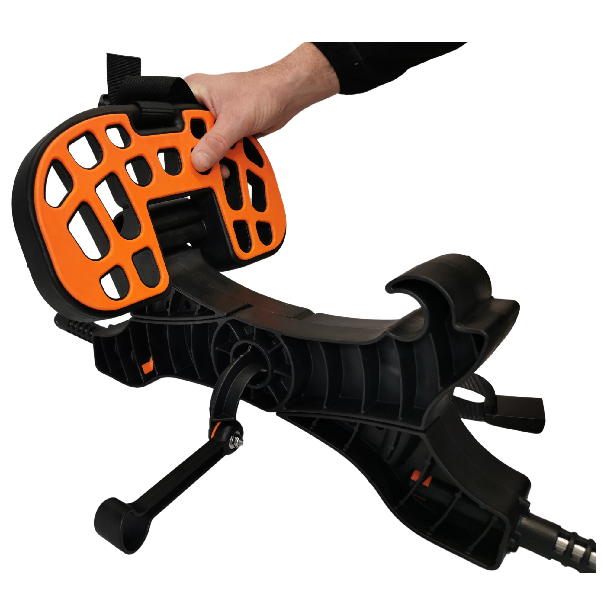 Close-up of the Cambridge Kayaks Heavy Duty Kayak Trolley showing installation of the orange rubberised cradle supports designed to grip the kayak hull securely.