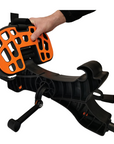 Close-up of the Cambridge Kayaks Heavy Duty Kayak Trolley showing installation of the orange rubberised cradle supports designed to grip the kayak hull securely.