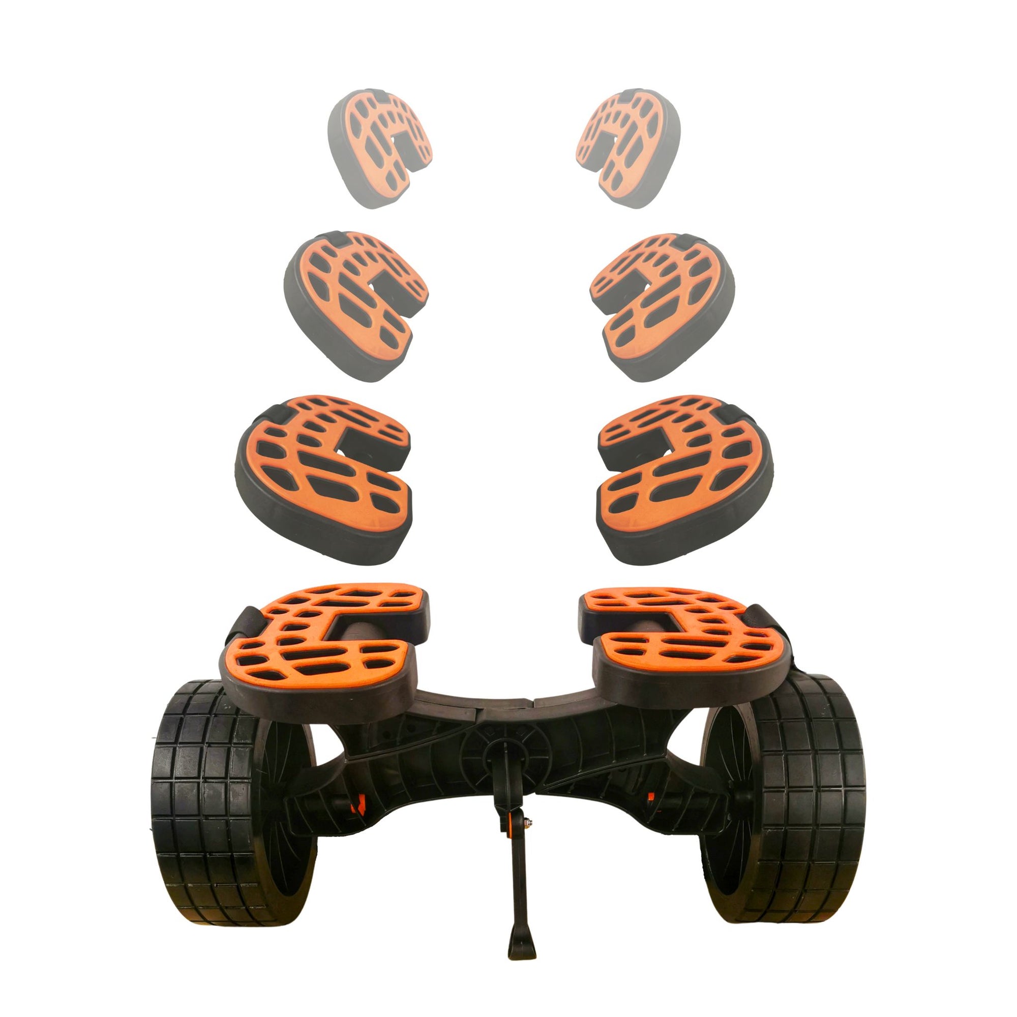 Disassembled view of the Cambridge Kayaks Heavy Duty Kayak Trolley showing all removable components including the axle, cradle pads, and quick-release wheels for compact storage.