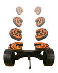 Disassembled view of the Cambridge Kayaks Heavy Duty Kayak Trolley showing all removable components including the axle, cradle pads, and quick-release wheels for compact storage.