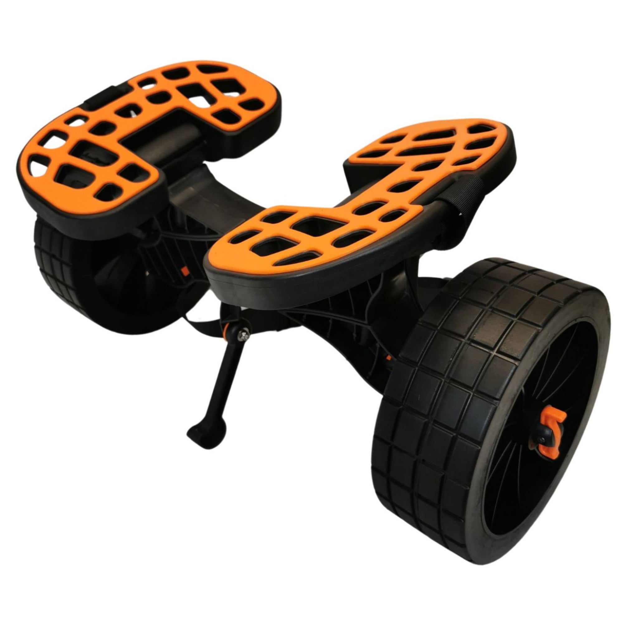 Front view of the Cambridge Kayaks Heavy Duty Kayak Trolley showing the dual axle frame, wide all-terrain wheels, and heavy-load cradle built for easy transport of large kayaks and canoes.