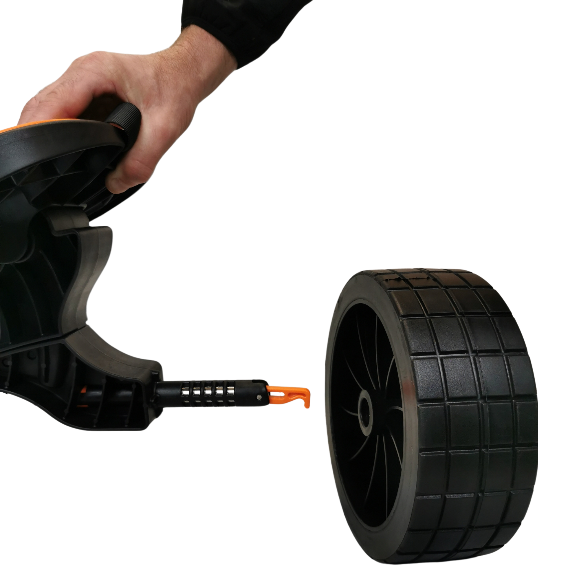 Step showing the quick-release wheel attachment on the Cambridge Kayaks Heavy Duty Kayak Trolley, highlighting the durable axle and locking pin system for easy use.