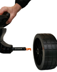 Step showing the quick-release wheel attachment on the Cambridge Kayaks Heavy Duty Kayak Trolley, highlighting the durable axle and locking pin system for easy use.