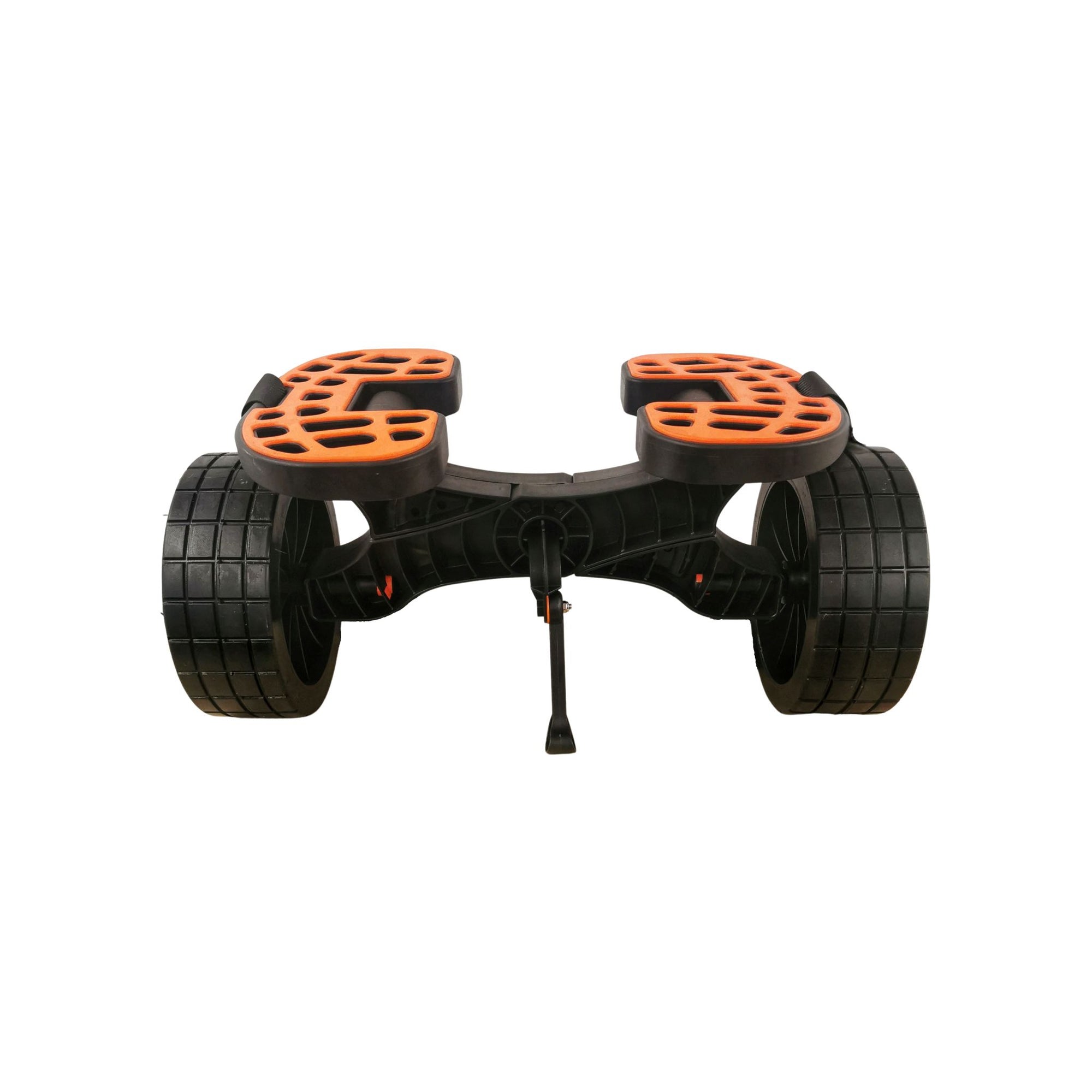 Detailed view of the Cambridge Kayaks Heavy Duty Kayak Trolley showing the robust steel frame, puncture-proof solid wheels, and adjustable cradle pads designed to grip and support loads up to 150 kg on different surfaces.