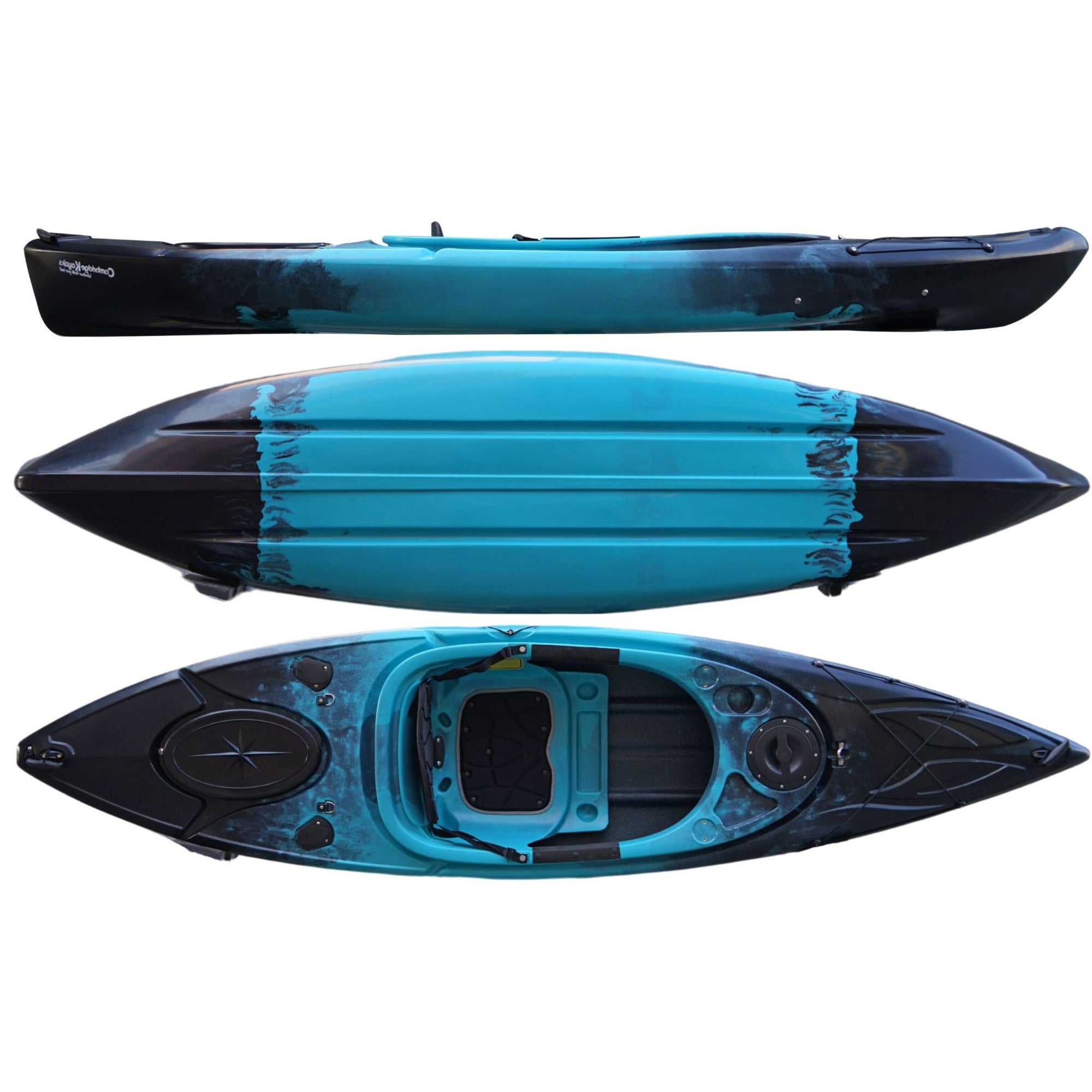 Cambridge Kayaks Herring single sit inside fishing kayak in black blue fade, stable and durable design for sea, river and lake touring with storage hatch and comfortable seating