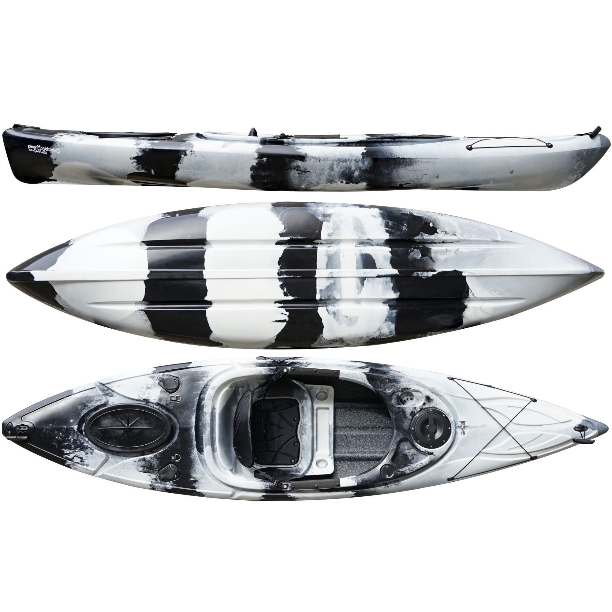 Cambridge Kayaks Herring sit inside kayak in black white camo, designed for fishing, touring and family leisure use with strong hull stability
