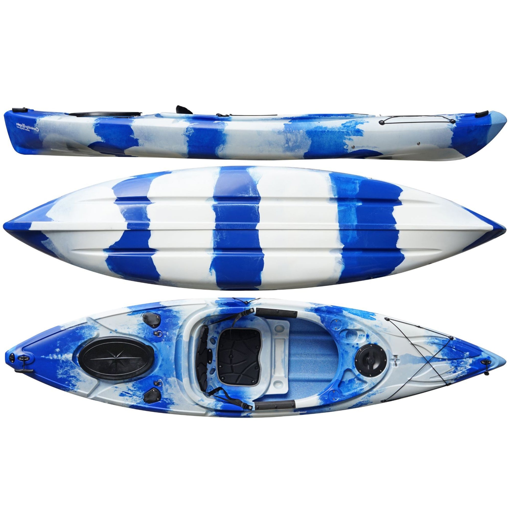 Cambridge Kayaks Herring sit inside single fishing kayak in blue white camo, compact and lightweight kayak for recreational paddling, angling and touring