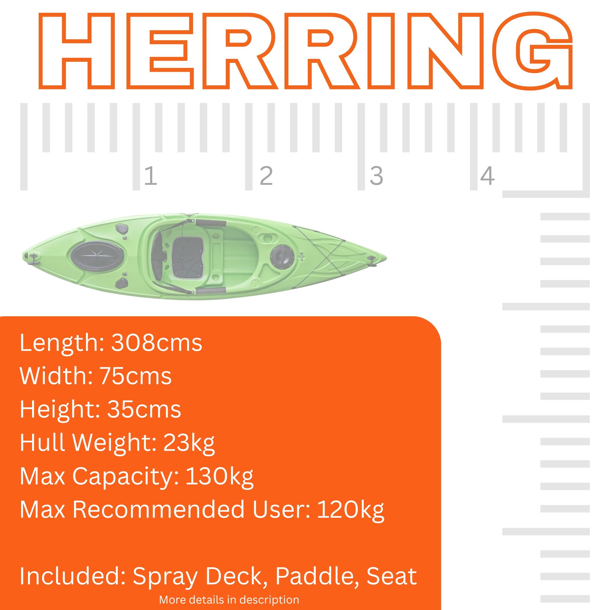 Official dimensions diagram of the Cambridge Kayaks Herring single sit inside kayak showing length, width, seating and hatch specifications