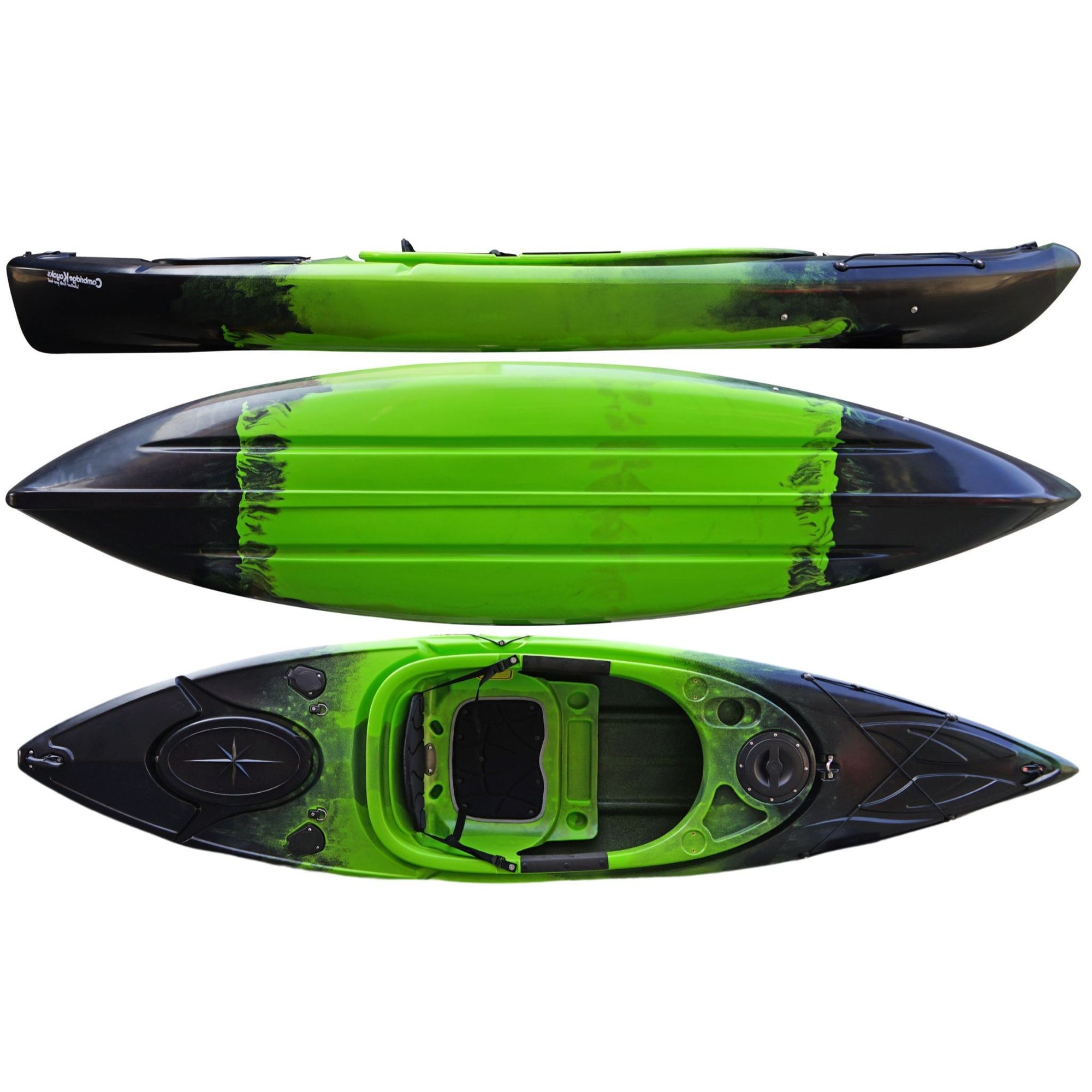 Cambridge Kayaks Herring single sit inside kayak in green black fade, stable fishing kayak for coastal waters, rivers and lakes with ergonomic seating and storage