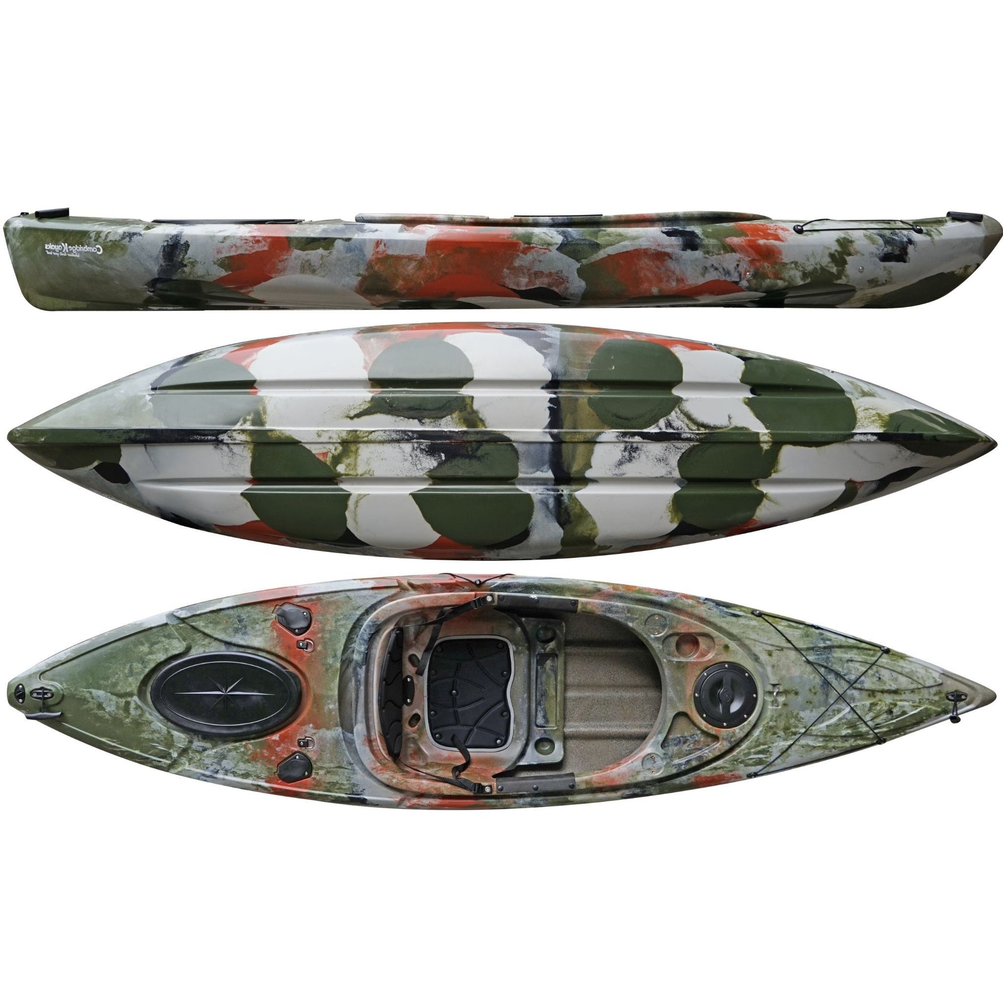 Cambridge Kayaks Herring single sit inside fishing kayak in jungle camouflage, durable design for angling, coastal paddling, touring and adventure use