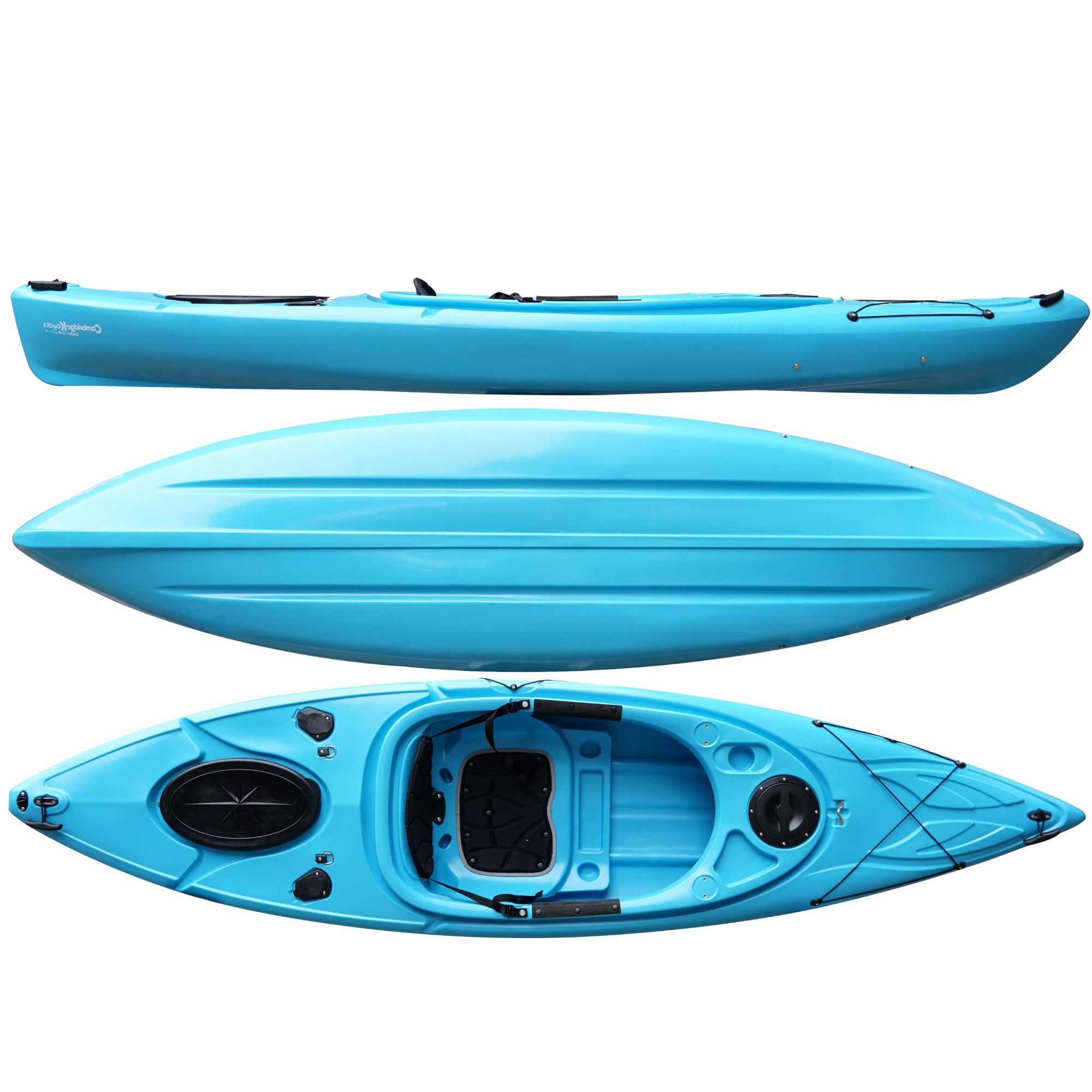Cambridge Kayaks Herring single sit inside kayak in solid light blue, stable leisure and fishing kayak with moulded seat, footrests and storage hatch