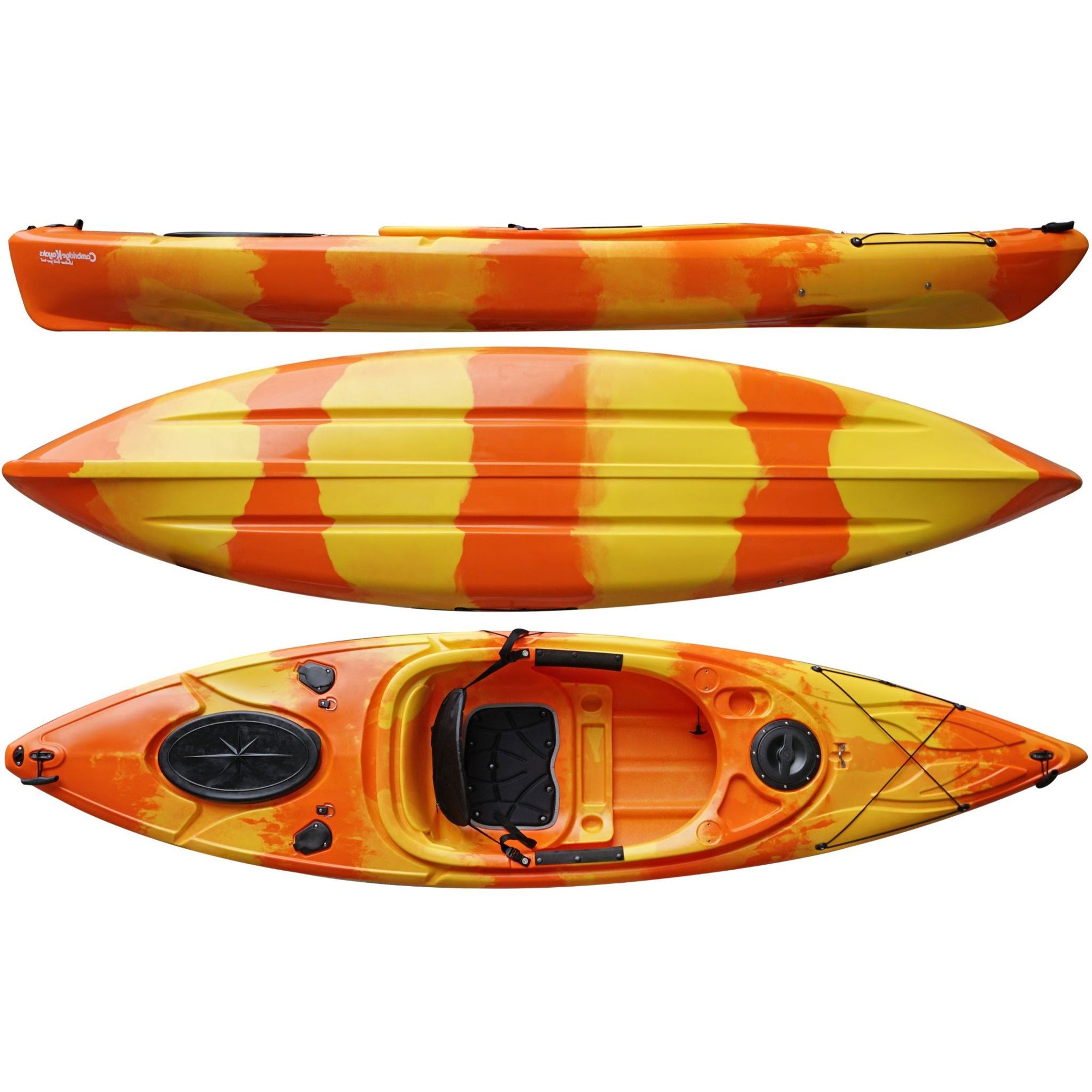 Cambridge Kayaks Herring single sit inside kayak in orange yellow camo, colourful fishing and leisure kayak with storage hatch and ergonomic seating for rivers and lakes