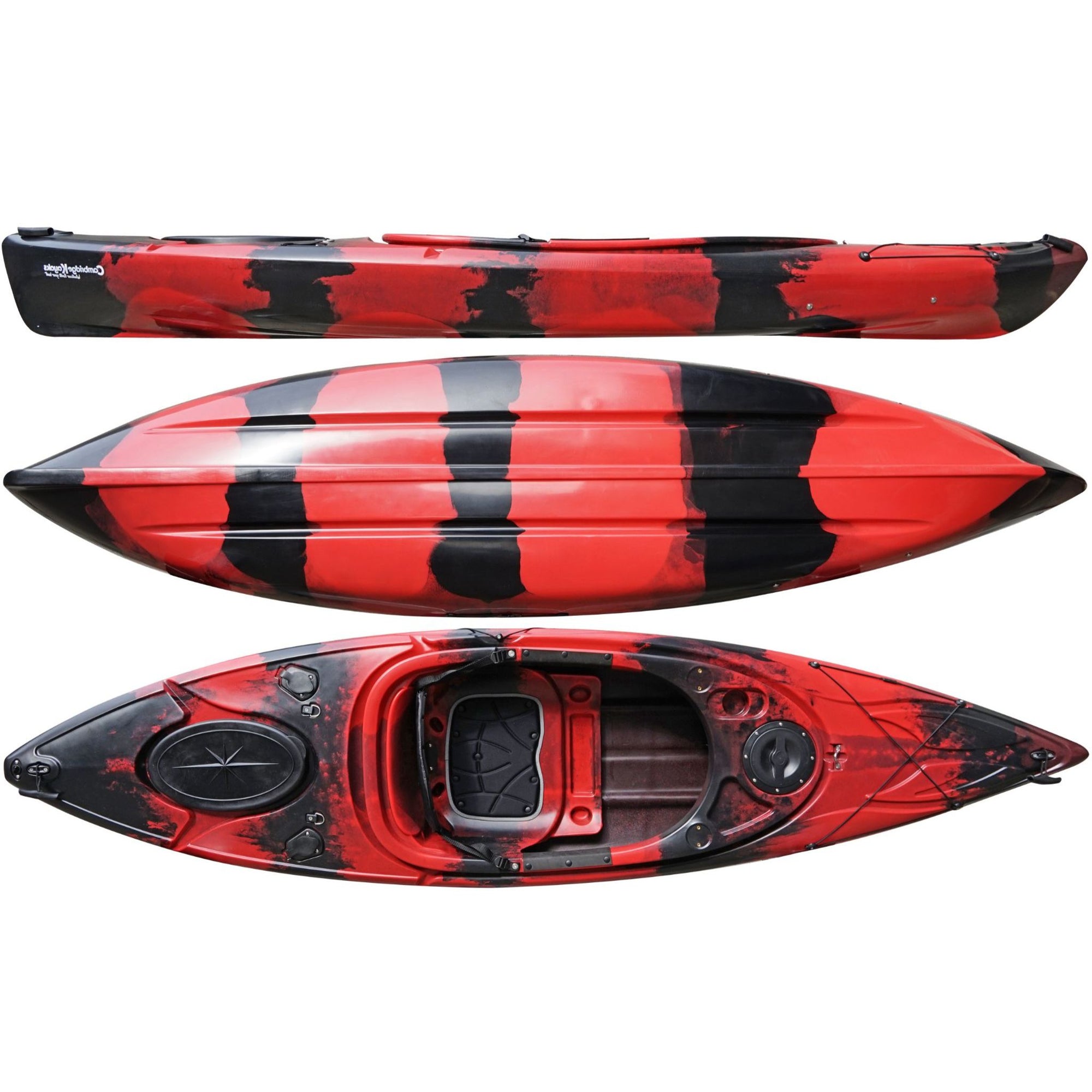 Cambridge Kayaks Herring single sit inside kayak in red black camo, ideal for fishing, sea kayaking, river touring and recreational use with high stability