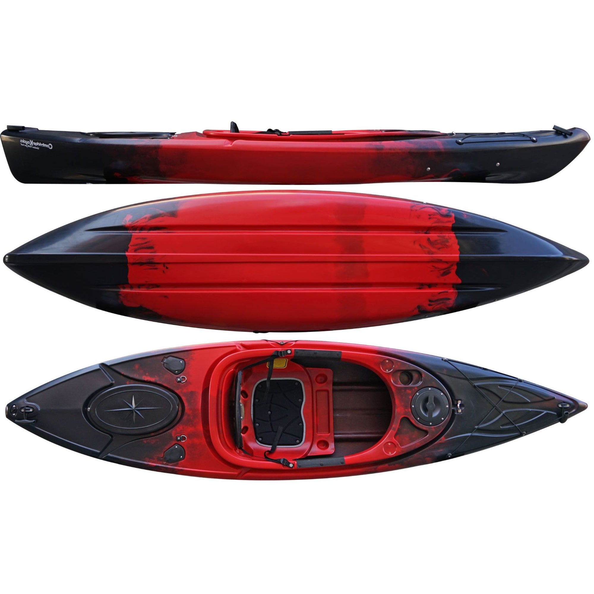 Cambridge Kayaks Herring single sit inside kayak in red black fade, fishing and touring kayak with hatch storage, comfortable seat and stable hull design
