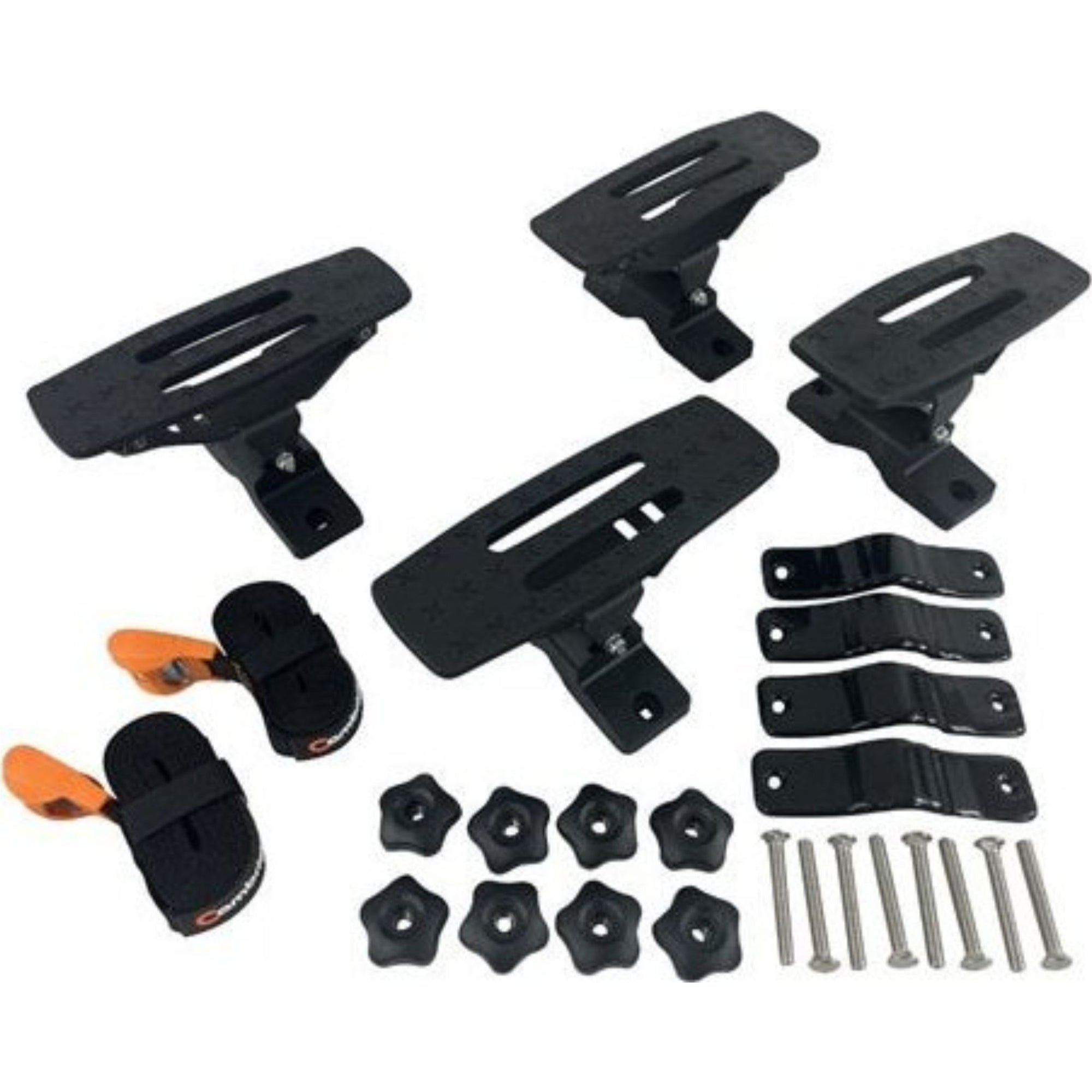Top view of all included accessories in the Cambridge Kayaks Cradle Support set, including clamps, bolts, and mounting hardware for easy installation.