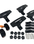 Top view of all included accessories in the Cambridge Kayaks Cradle Support set, including clamps, bolts, and mounting hardware for easy installation.