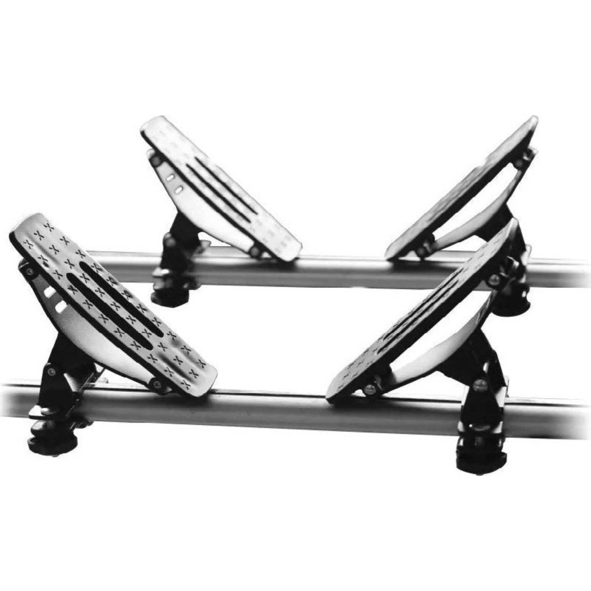 Cambridge Kayaks adjustable cradle support system shown on roof bars, featuring four padded brackets designed to hold a kayak securely during transport.