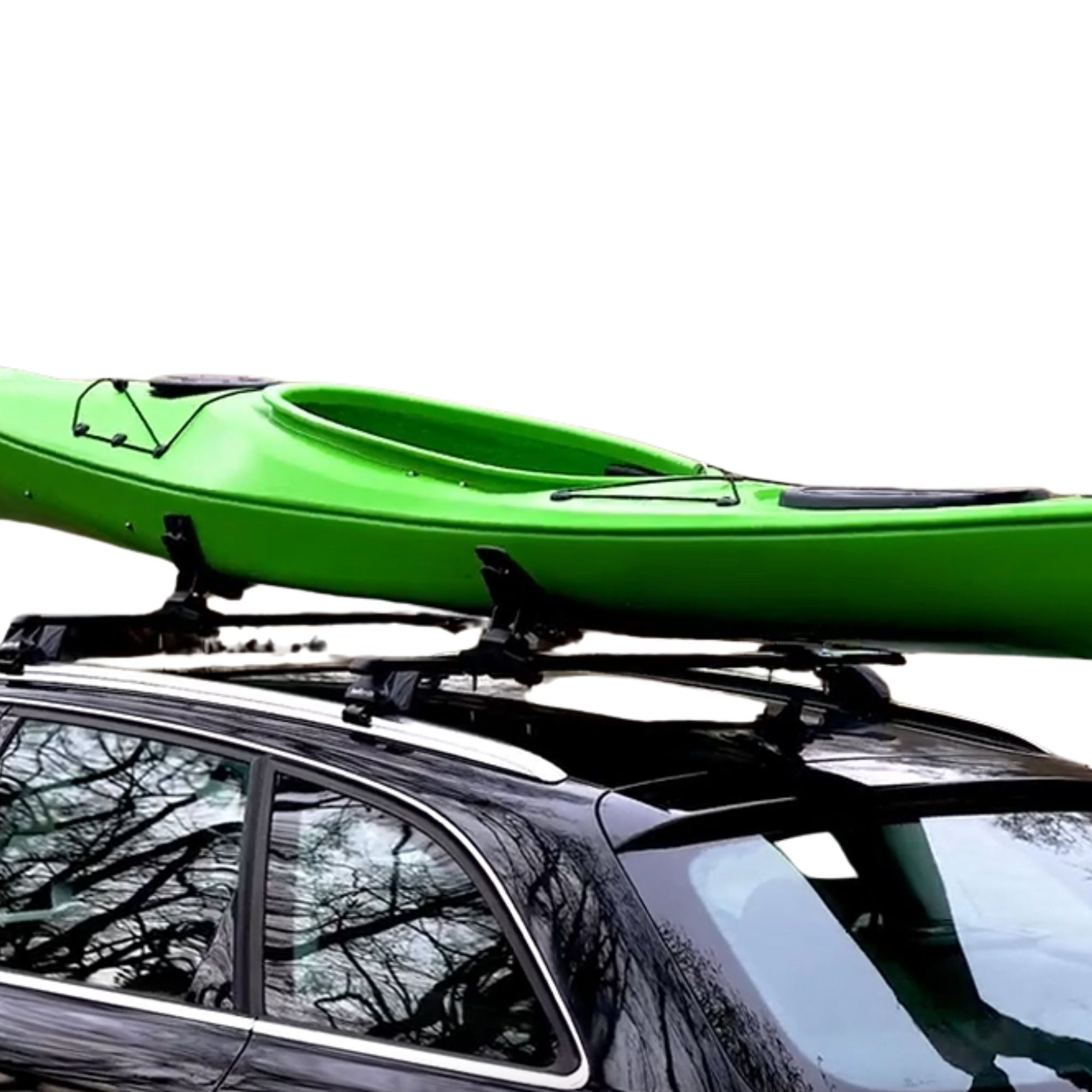 Side view of the Cambridge Kayaks Cradle Support with a green kayak mounted on a car roof, showing secure fit and angled cradle alignment.