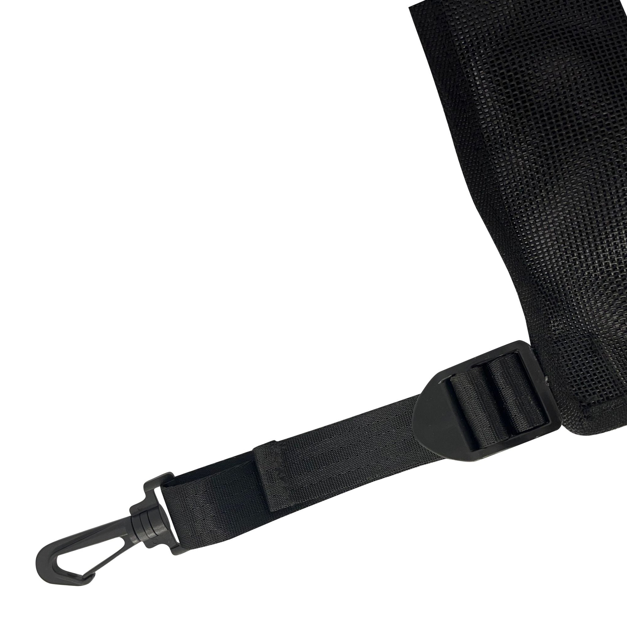 Close-up of the Cambridge Kayaks lightweight mesh deck bag showing the durable metal clip and strap system designed for easy and secure mounting to kayak decks.