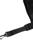 Close-up of the Cambridge Kayaks lightweight mesh deck bag showing the durable metal clip and strap system designed for easy and secure mounting to kayak decks.