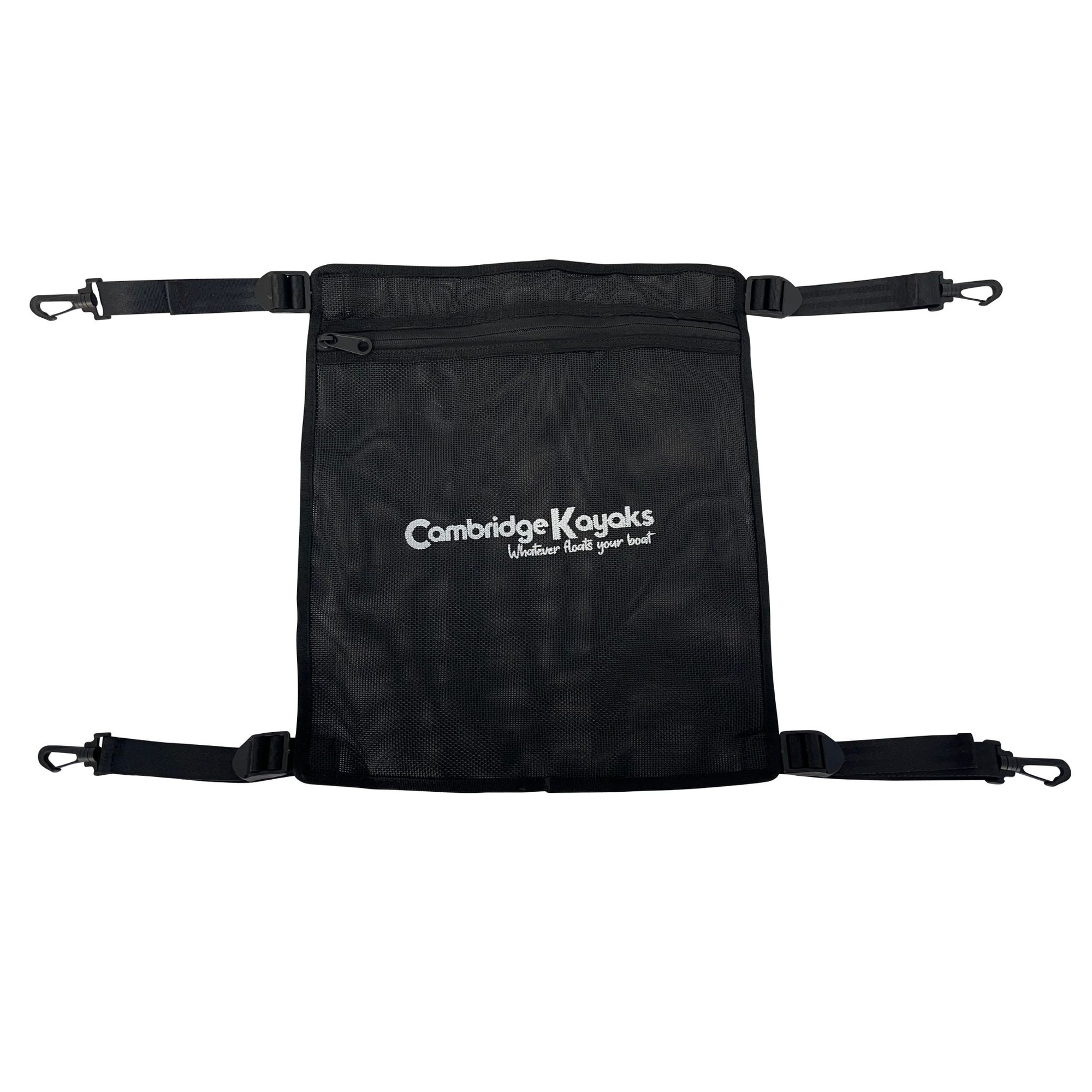 Front view of the Cambridge Kayaks lightweight mesh deck bag in black, featuring a zip-top opening, four corner attachment clips, and breathable mesh construction for fast-drying storage.