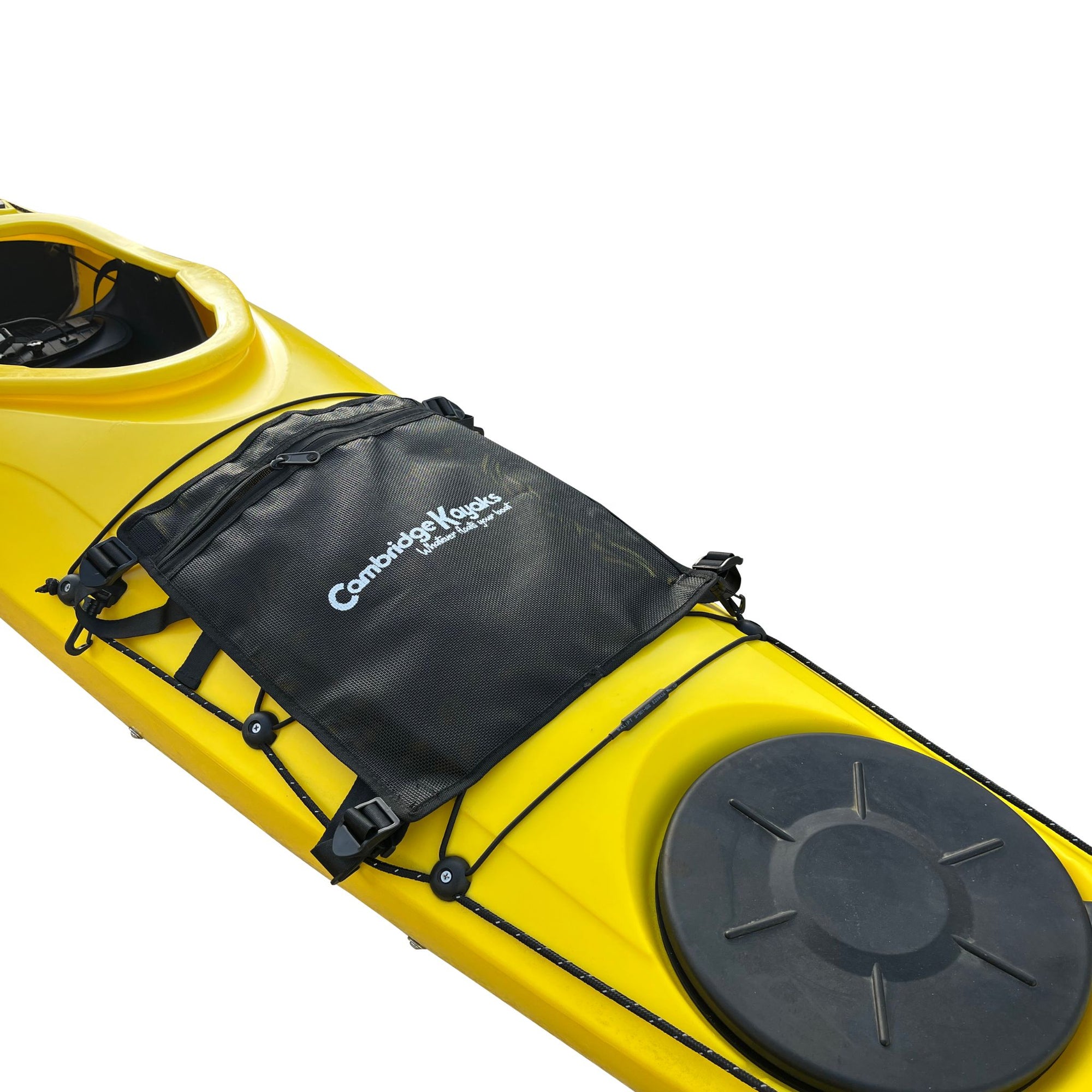 The Cambridge Kayaks lightweight mesh deck bag securely attached to a yellow kayak deck using the built-in corner clips and adjustable straps, ideal for holding wet gear or accessories.